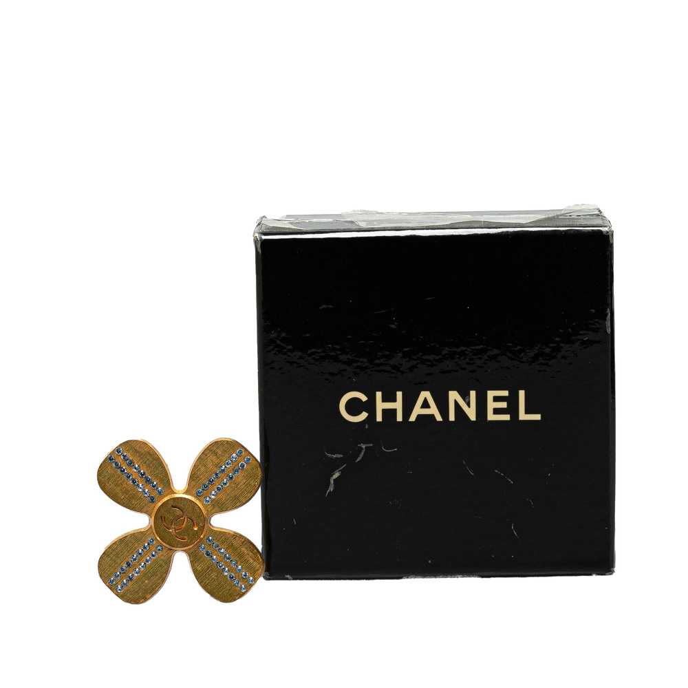 Gold Chanel Gold Plated Rhinestone CC Clover Broo… - image 4