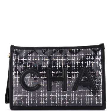 CHANEL Logo Wristlet Clutch PVC Over Quilted Tweed