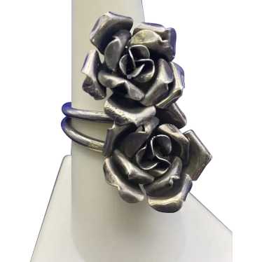 Signed 800 Silver Double Rose Flower Ring Size 8 - image 1