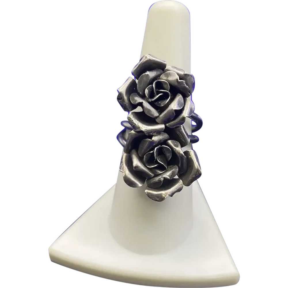 Signed 800 Silver Double Rose Flower Ring Size 8 - image 2