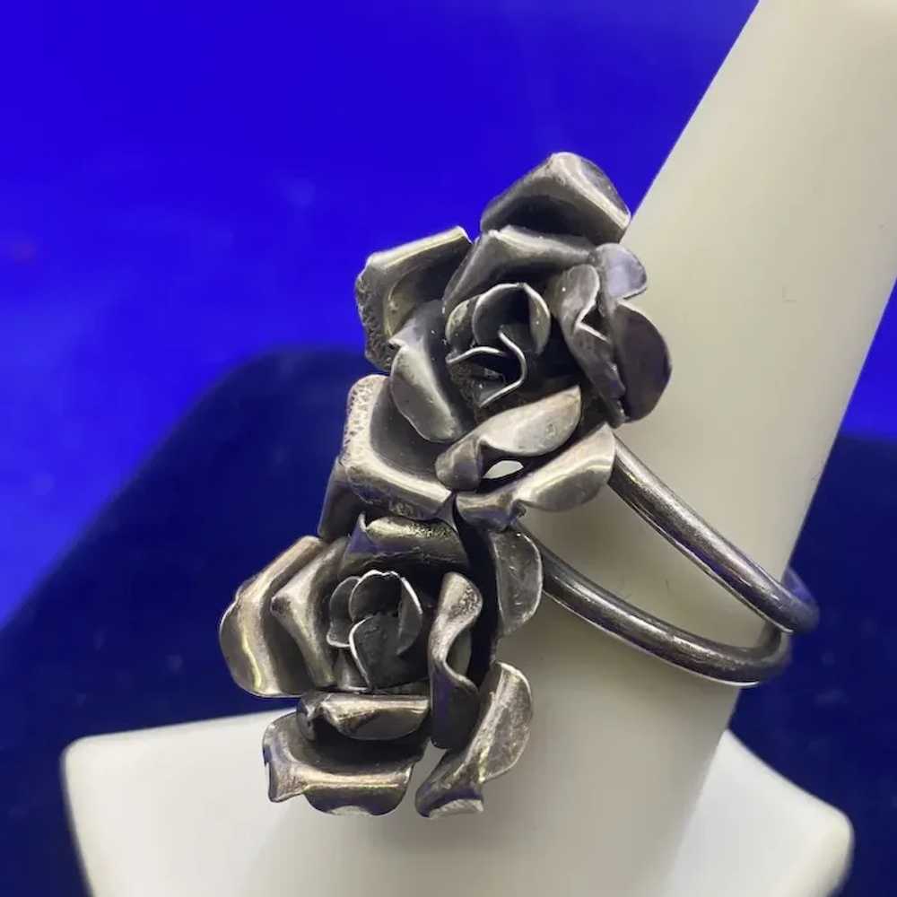 Signed 800 Silver Double Rose Flower Ring Size 8 - image 3