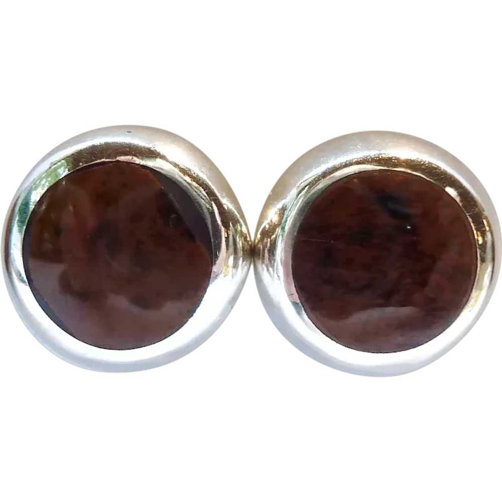 MWS Sterling 950 Silver & Brown Stone Button Earr… - image 1