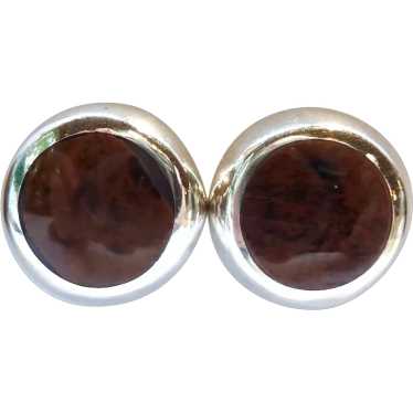 MWS Sterling 950 Silver & Brown Stone Button Earr… - image 1