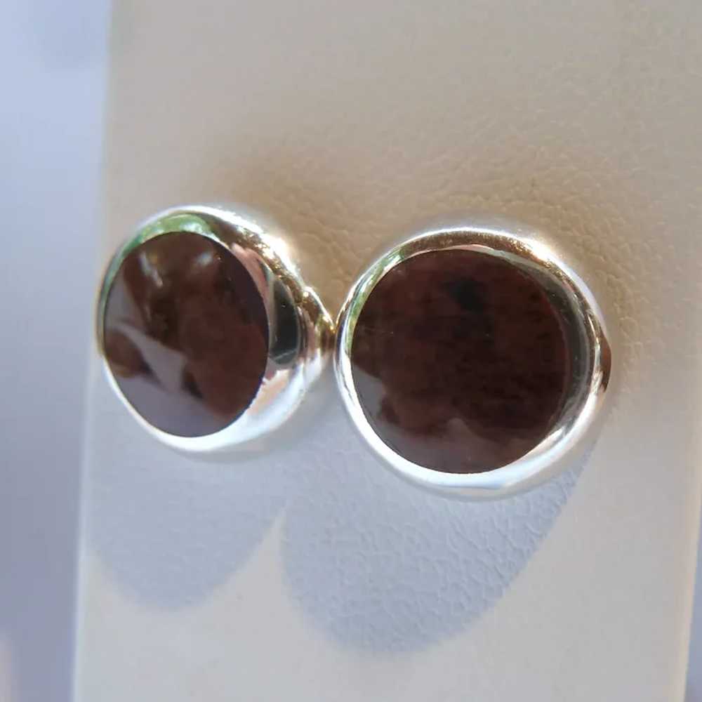 MWS Sterling 950 Silver & Brown Stone Button Earr… - image 3