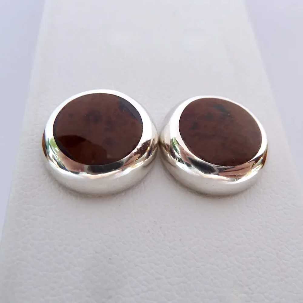 MWS Sterling 950 Silver & Brown Stone Button Earr… - image 4