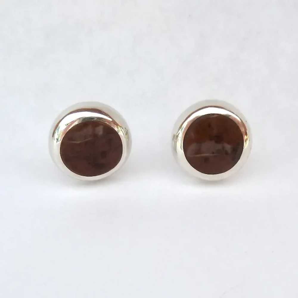 MWS Sterling 950 Silver & Brown Stone Button Earr… - image 5