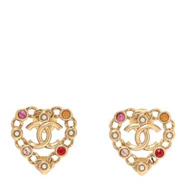 CHANEL Pearl Crystal CC Heart Earrings Gold Multi… - image 1