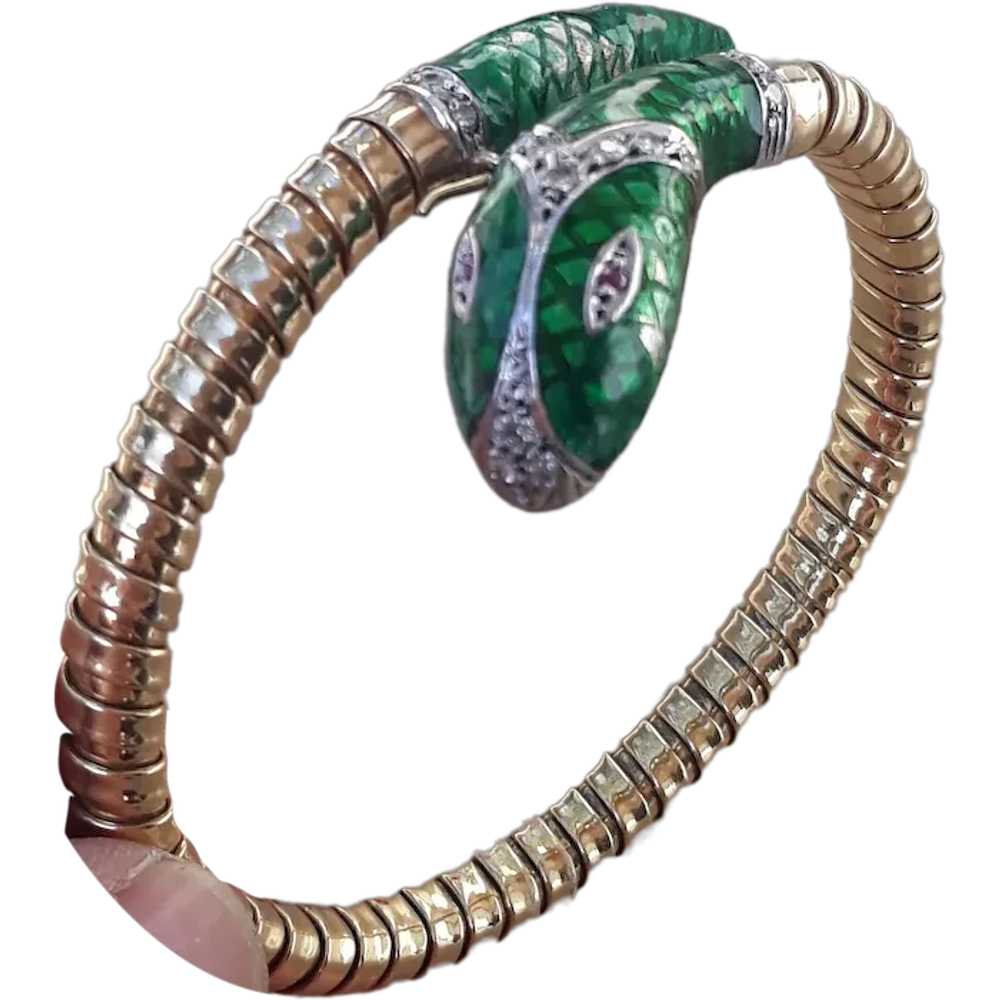 Tubogas 18K Gold, Enameled Snake Head Bracelet - image 1