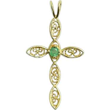 Emerald Filigree Cross 14k Yellow Gold Pendant