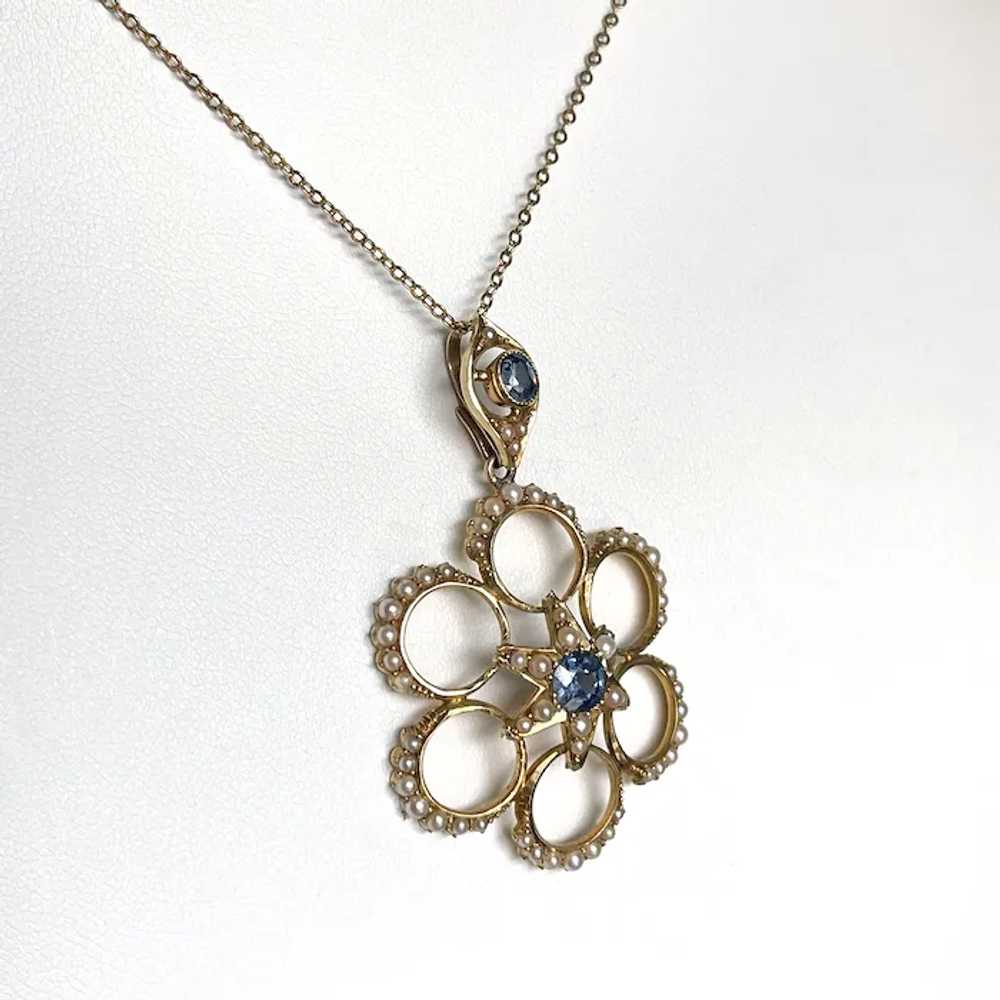 Edwardian Sapphire and Pearl Pendant in 15k Gold - image 12