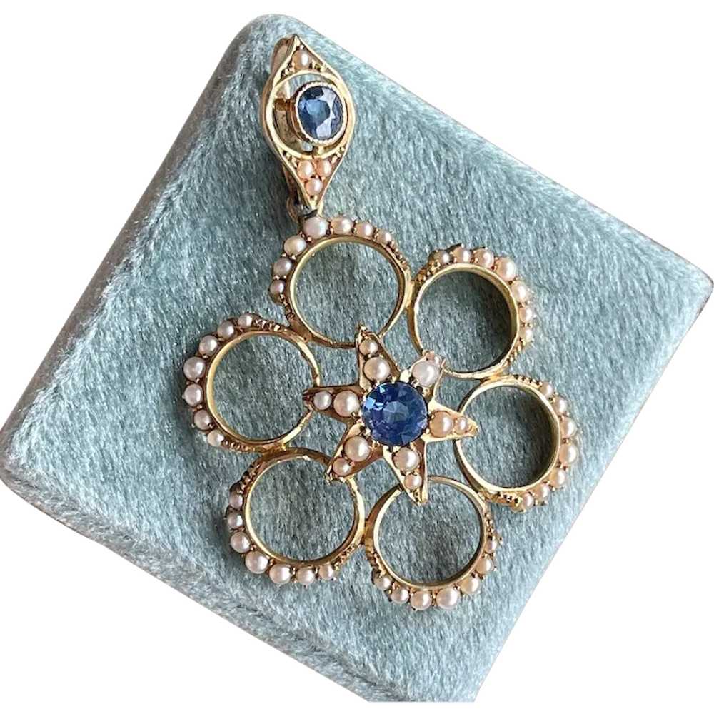 Edwardian Sapphire and Pearl Pendant in 15k Gold - image 1