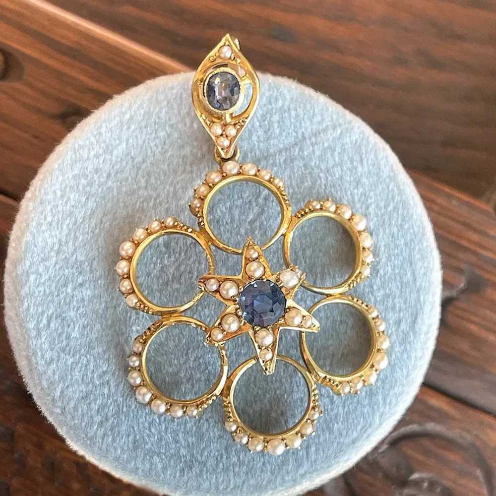 Edwardian Sapphire and Pearl Pendant in 15k Gold - image 2