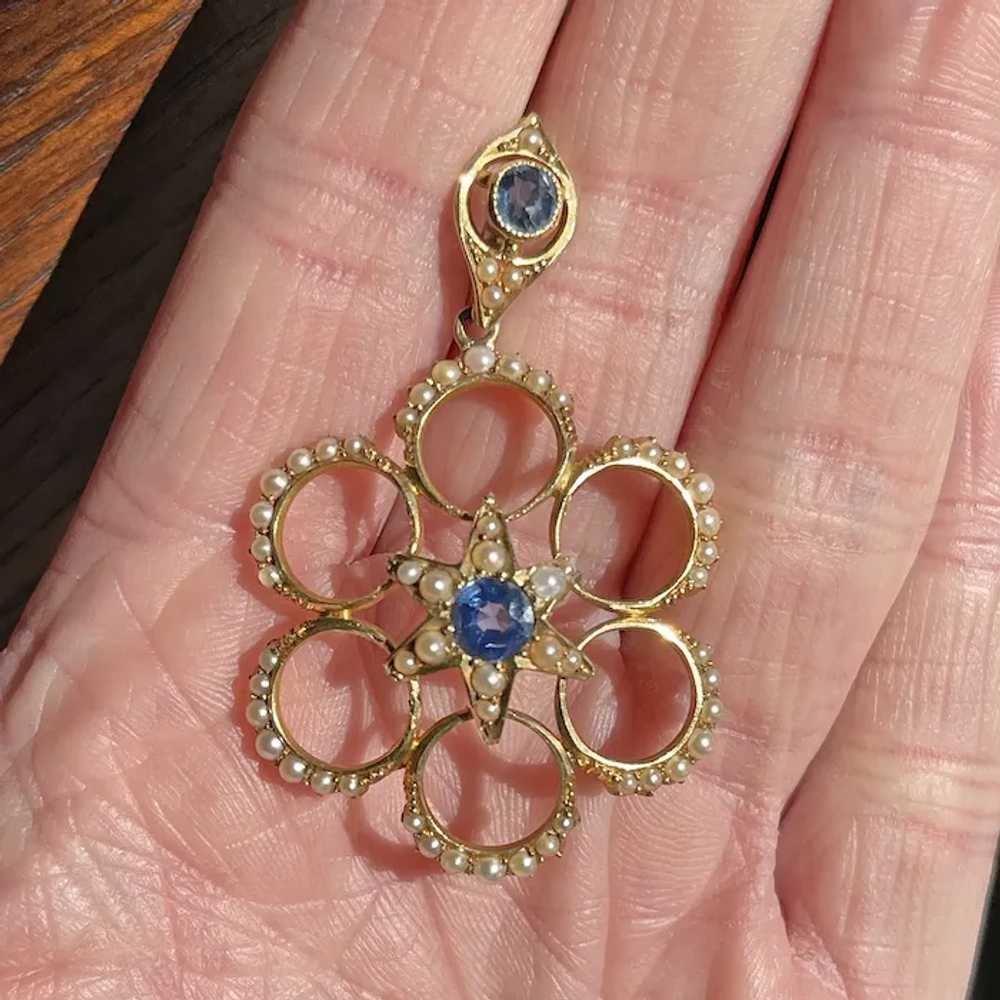 Edwardian Sapphire and Pearl Pendant in 15k Gold - image 6