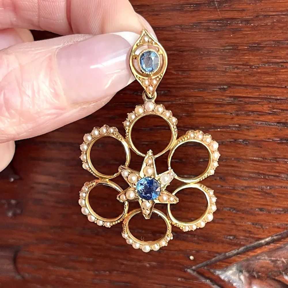 Edwardian Sapphire and Pearl Pendant in 15k Gold - image 8