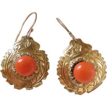 Antique Victorian Engraved 10K Gold Coral Button F