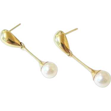 14KT Yellow Gold Akoya Pearl Drop Dangle Earrings