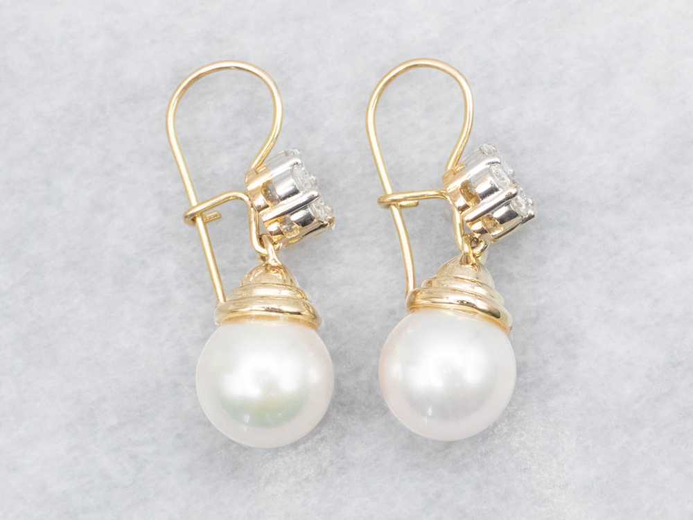 Saltwater Pearl and Diamond Cluster Drop Earrings - image 1