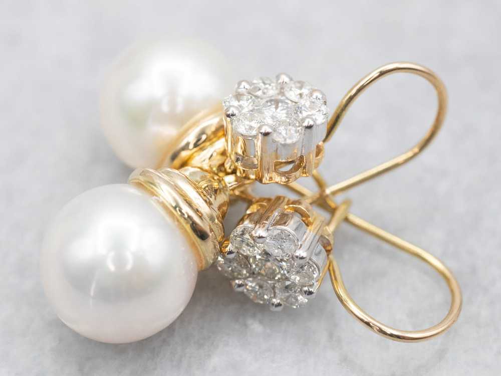 Saltwater Pearl and Diamond Cluster Drop Earrings - image 2