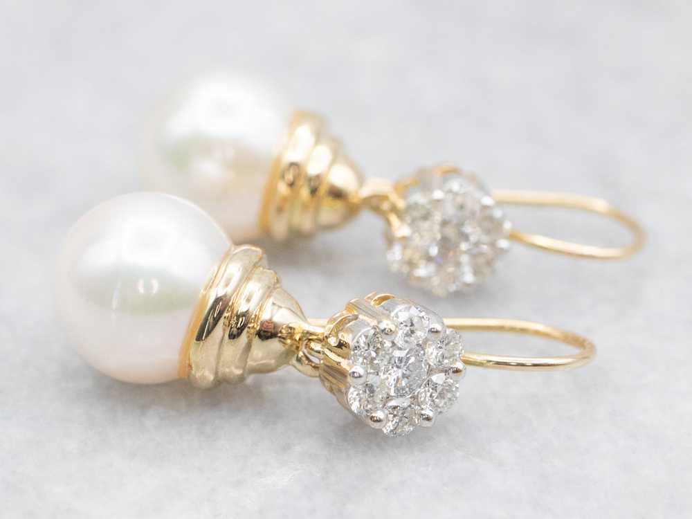 Saltwater Pearl and Diamond Cluster Drop Earrings - image 3