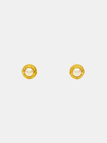 Chanel 1990s Gold And Pearl Round Logo Earrings - image 1