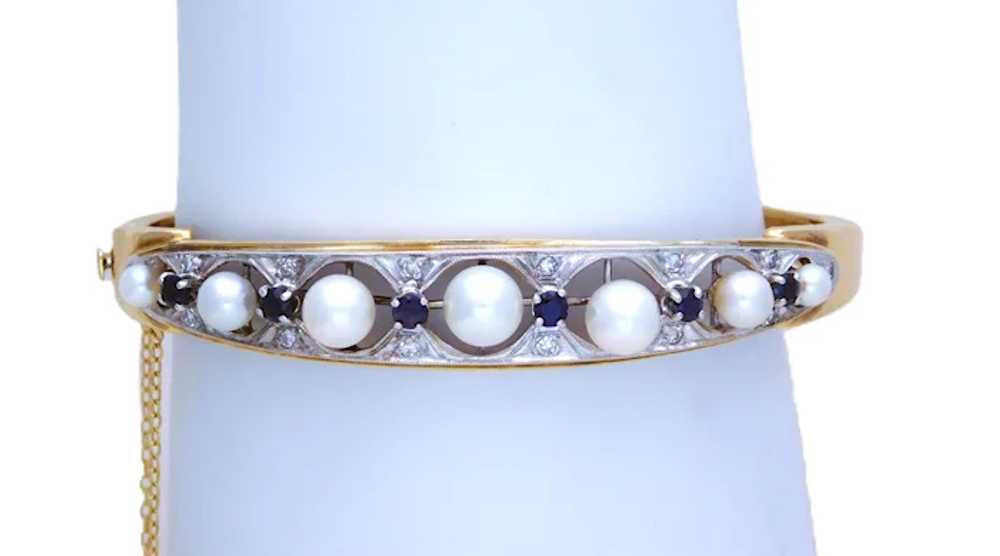 Vintage 14k Gold Pearl, Sapphire, and Diamond Bra… - image 2