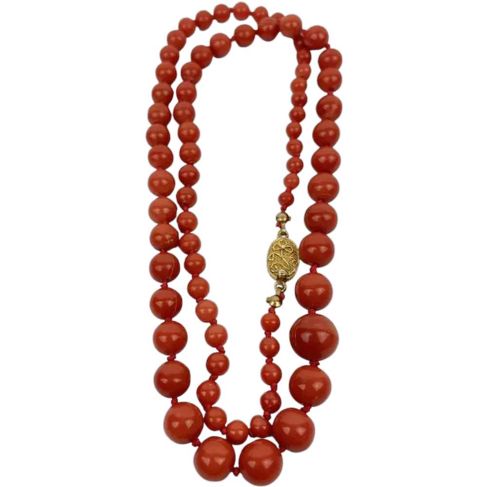 26" Deep Red Coral Hand Knotted Graduated Bead Ne… - image 1