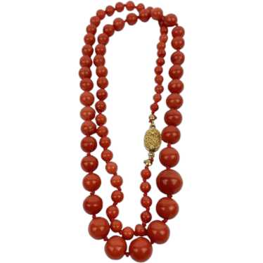 26" Deep Red Coral Hand Knotted Graduated Bead Ne… - image 1