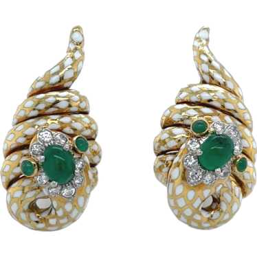 David Webb 18K Yellow Gold Emerald, Diamond and En