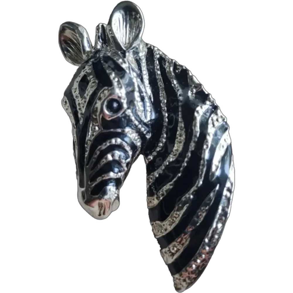 Large Vintage Silver Tone Enamel Zebra Pendant - image 1