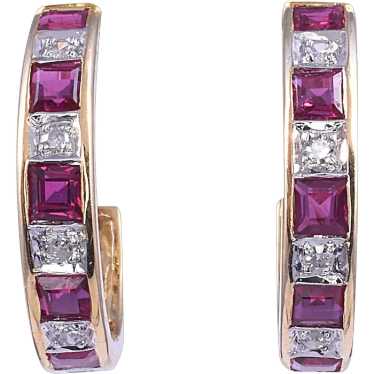 18K Diamond & Ruby Hoop Earrings - image 1