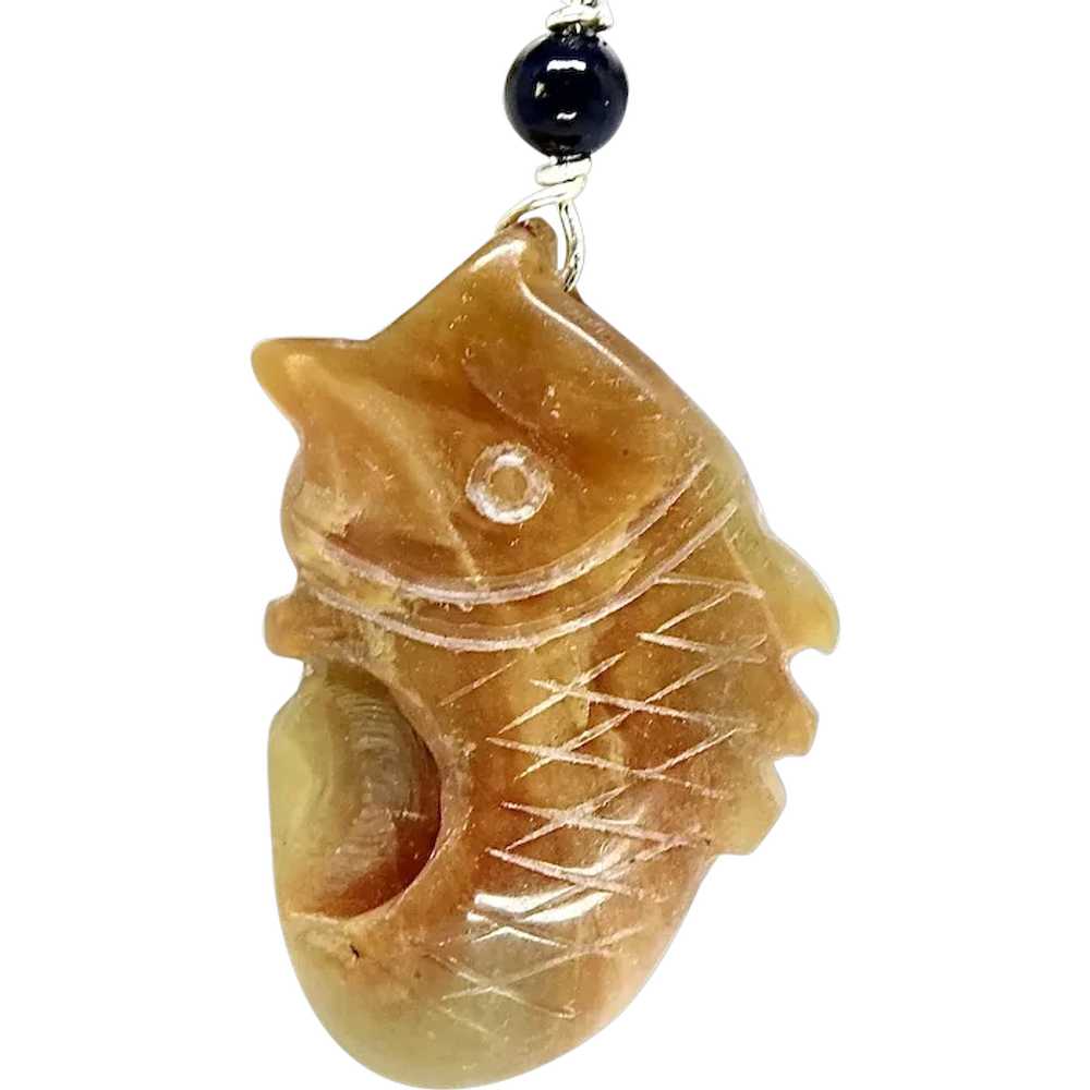 Hand Carved Golden Jade Fish Pendant Necklace - image 1