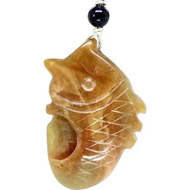 Hand Carved Golden Jade Fish Pendant Necklace - image 1