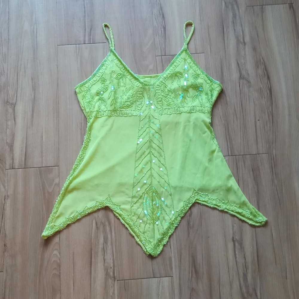 Y2K Green Sheer Beaded Sequin Mesh Fairy Top - image 1