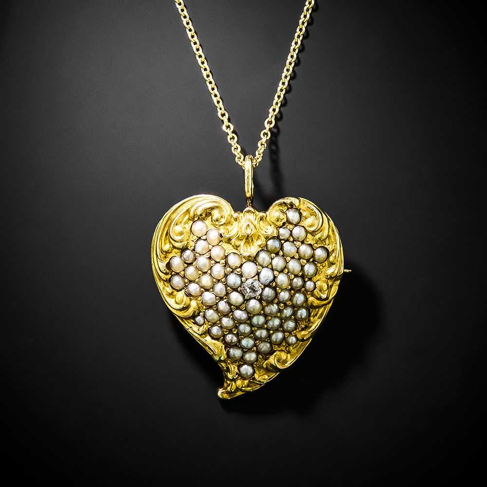 Victorian Seed Pearl and Diamond Witch's Heart Pe… - image 1