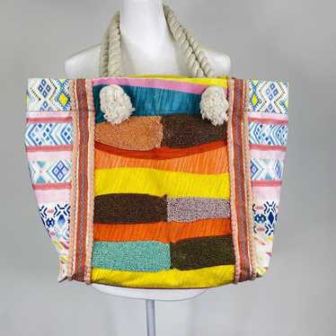 Boho Beaded Embroidered Beach Bag Tote Large Geome