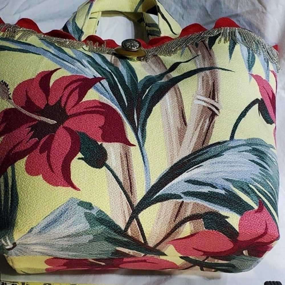 Vintage Hawaiian Barkcloth Tote, Purse, Bag, Yell… - image 2