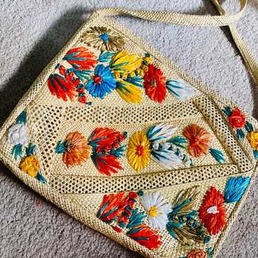 Vintage Jamaica Raffia Floral Embroidery Straw Ba… - image 1