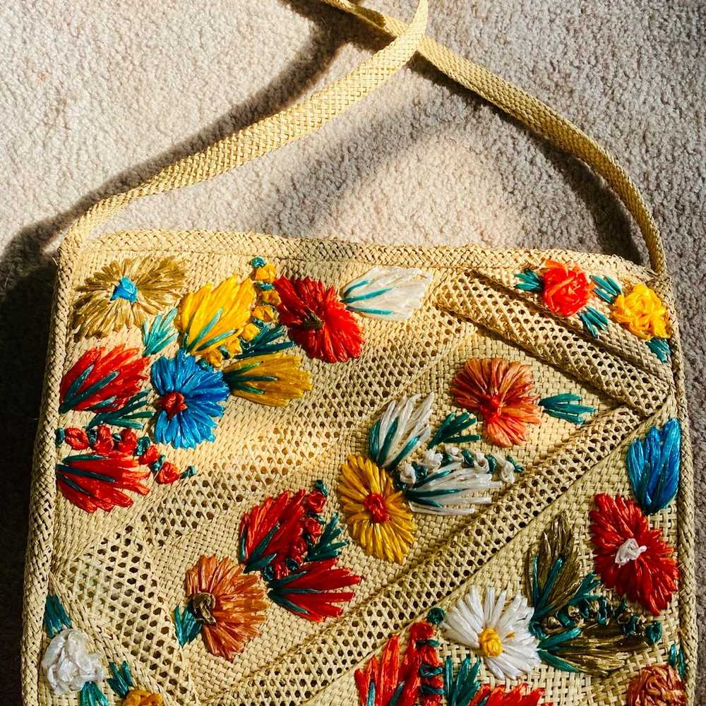 Vintage Jamaica Raffia Floral Embroidery Straw Ba… - image 5