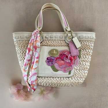 RARE Gorgeous COACH POPPY Natural Woven Straw Flor