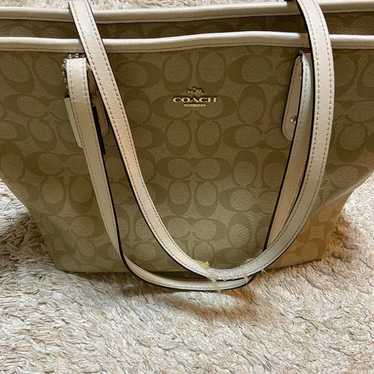 COACH Shoulder Bag Beige Canvas