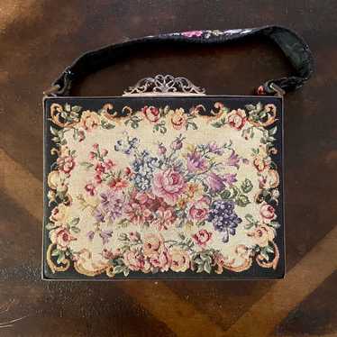 Vintage Petit Point Embroidered Small Purse Clutch Black retailer Cream Multi Floral