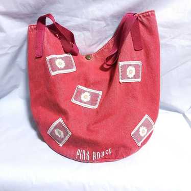 Pink House Bucket Tote Bag Red Denim Fabric - image 1