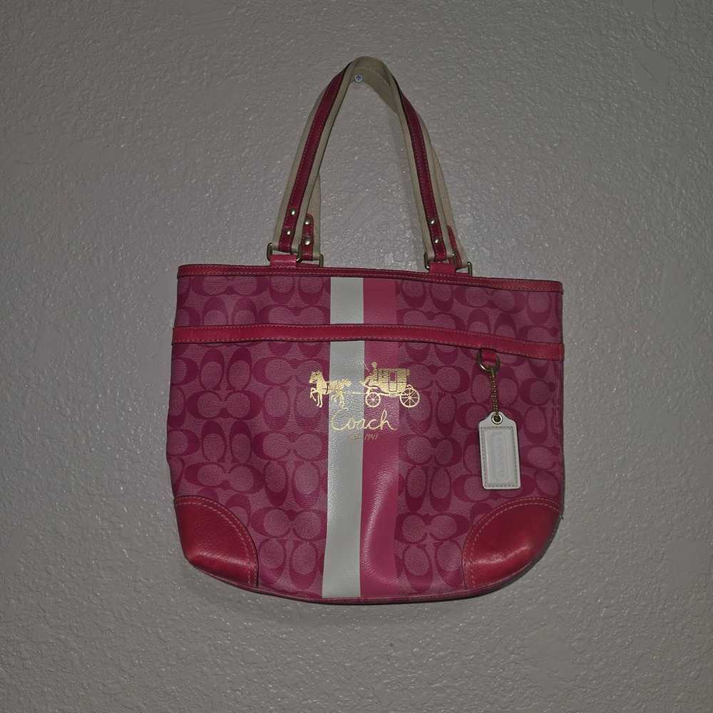 Pink Leather and Canvas Coach Tote Purse - image 1