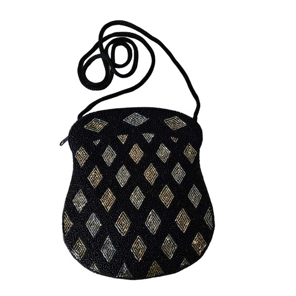 Vintage Black Jet Beaded Evening Bag Crossbody Di… - image 1