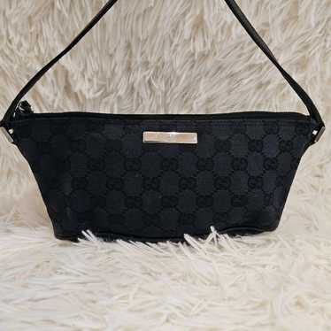 GUCCI Accessory Pouch Mini Handbag Logo Plate Blac