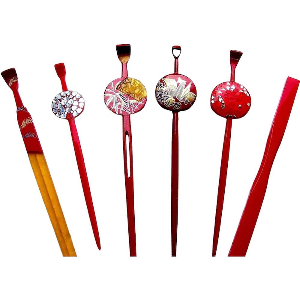 Set of six vintage Japanese kanzashi hair pins an… - image 1