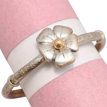 Antique Victorian Pansy Flower Silver Tone Bangle 