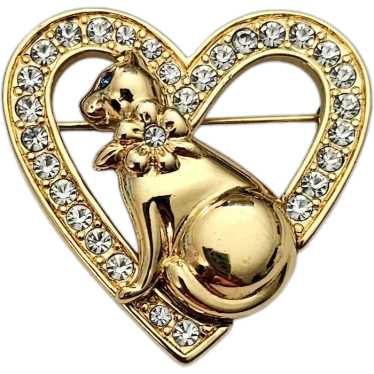 Vintage Sweetheart Brooch - art deco style - Signed Monet - Gold rhinestone heart high quality pin - anniversary gift