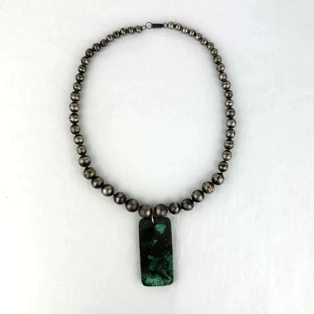 Early Mexican Silver Pearl Necklace with Malachit… - image 11