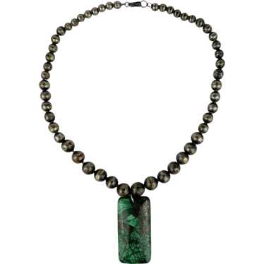 Early Mexican Silver Pearl Necklace with Malachit… - image 1